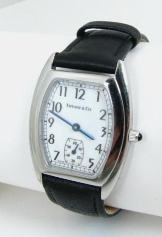 Appraisal: Stainless Tiffany Tonneau shaped watch with black leather band