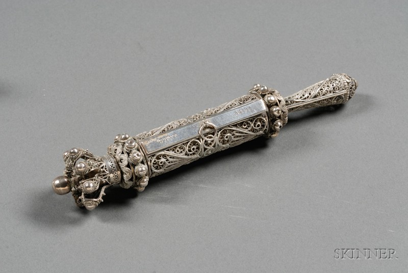 Appraisal: Bezalel Silver and Silver Filigree Megillah Case Jerusalem early th