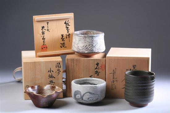 Appraisal: SIX JAPANESE STONEWARE TEA CEREMONY BOWLS Each signed one signed