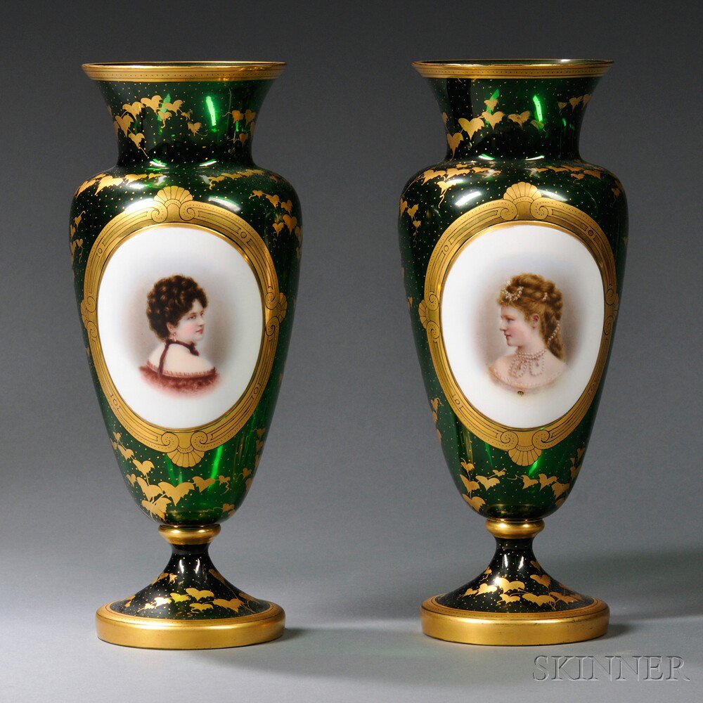 Appraisal: Pair of Bohemian Green Glass Portrait Vases th century each