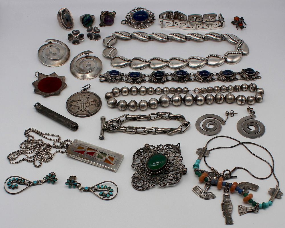 Appraisal: JEWELRY Grouping of Sterling Jewelry Includes a signed sterling necklace