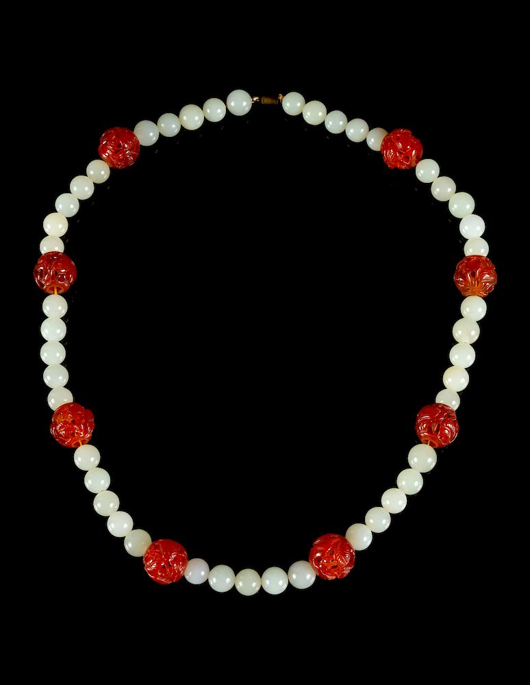 Appraisal: A White Jade and Agate Beaded Necklace Length in cm