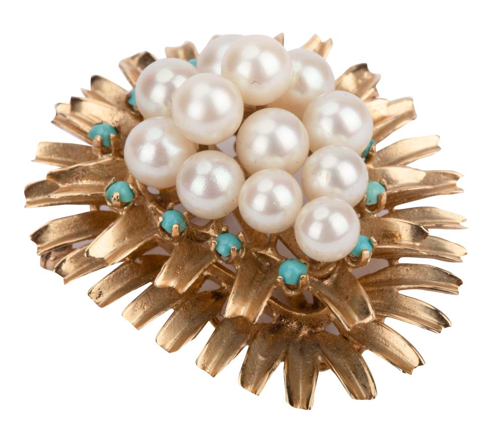 Appraisal: KARAT YELLOW GOLD CULTURED PEARL TURQUOISE PINcontaining round white cultured