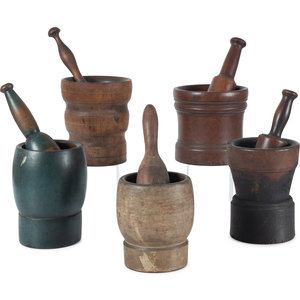 Appraisal: Five Turned Wood Mortars and Pestles th Century one in