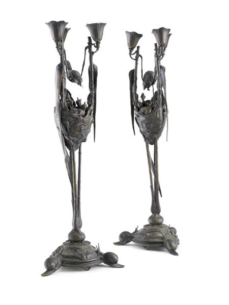 Appraisal: AUGUST CAIN PAIR OF CANDELABRA CIRCA bronze each depicting a