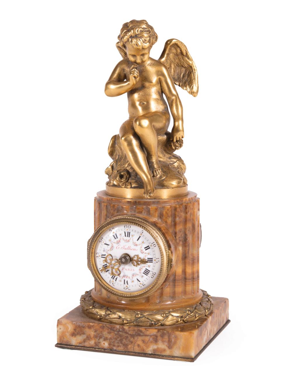 Appraisal: French Gilt Bronze and Sienna Marble Figural Cabinet Clock c