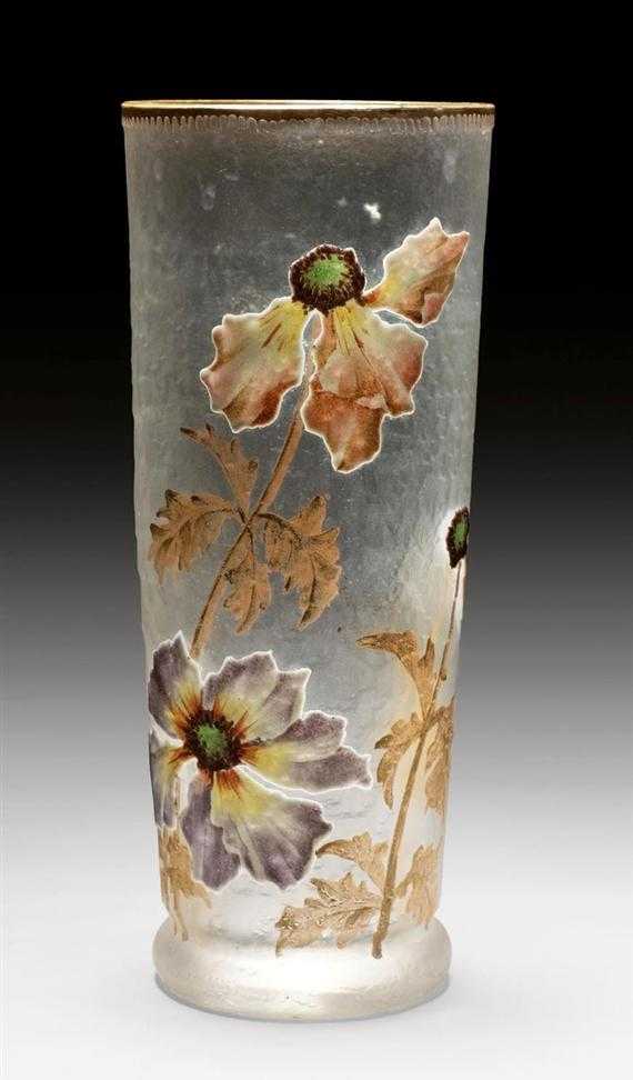 Appraisal: MONT JOYE RENONCULUS VASE circa Gilded and enamelled translucent acid-etched