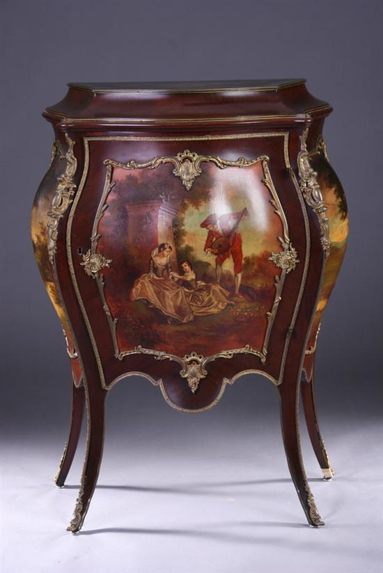 Appraisal: LOUIS XV STYLE PAINTED MAHOGANY BOMBE MUSIC COMMODE th century