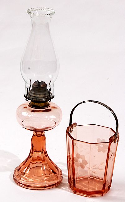 Appraisal: Depression Lamp and Bucket Two pieces of pink Depression glass