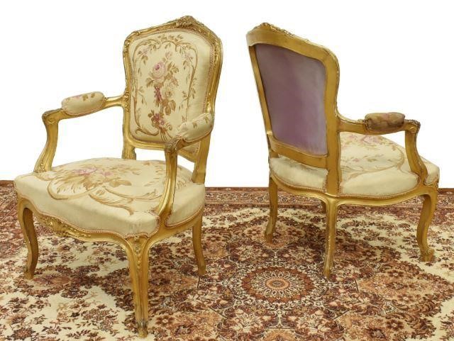 Appraisal: Louis XV style armchairs upholstered in floral tapestry having a