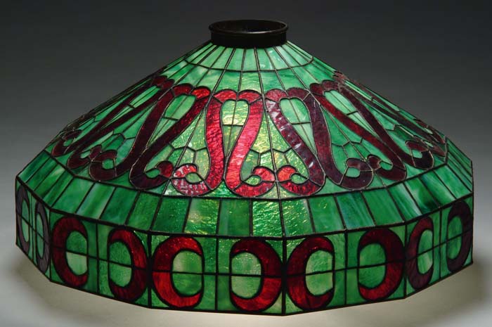 Appraisal: LEADED GLASS HANGING SHADE Nice leaded glass hanging shade has