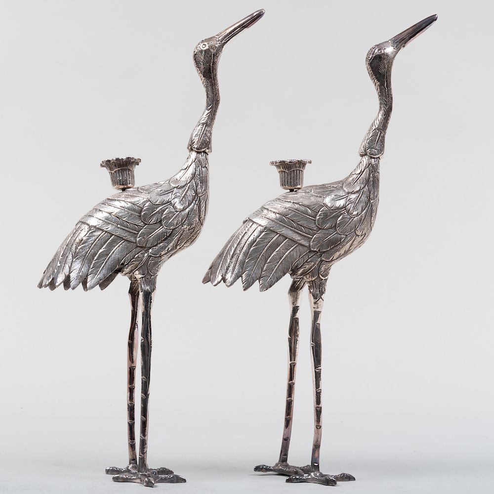 Appraisal: Pair of Silver Metal Crane Form Candlesticks in high Property