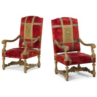 Appraisal: PAIR OF ITALIAN BAROQUE STYLE GILTWOOD ARMCHAIRS Acanthus carved armrests