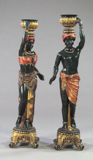 Appraisal: Pair of Elaborately Polychromed and Parcel-Gilt Brass Blackamoor Jardinieres in