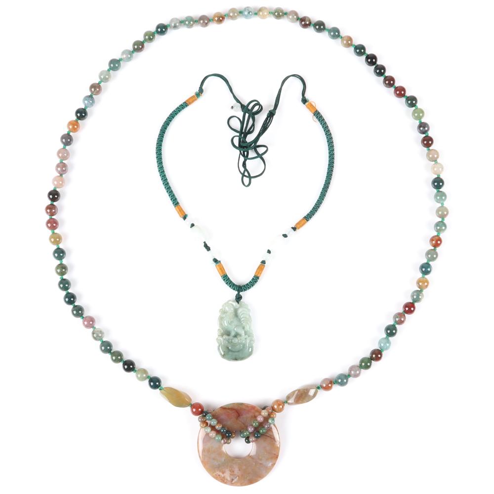 Appraisal: LONG HAND TIED MULTI-COLOR JADE BEAD NECKLACE WITH LARGE DISK