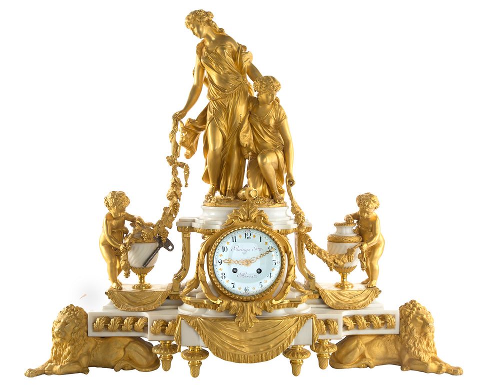 Appraisal: A NAPOLEON III ORMOLU-MOUNTED MARBLE MANTEL CLOCK RAINGO FRERES PARIS