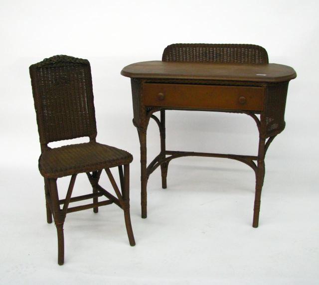 Appraisal: Wicker desk and chair circa - wood frame and base