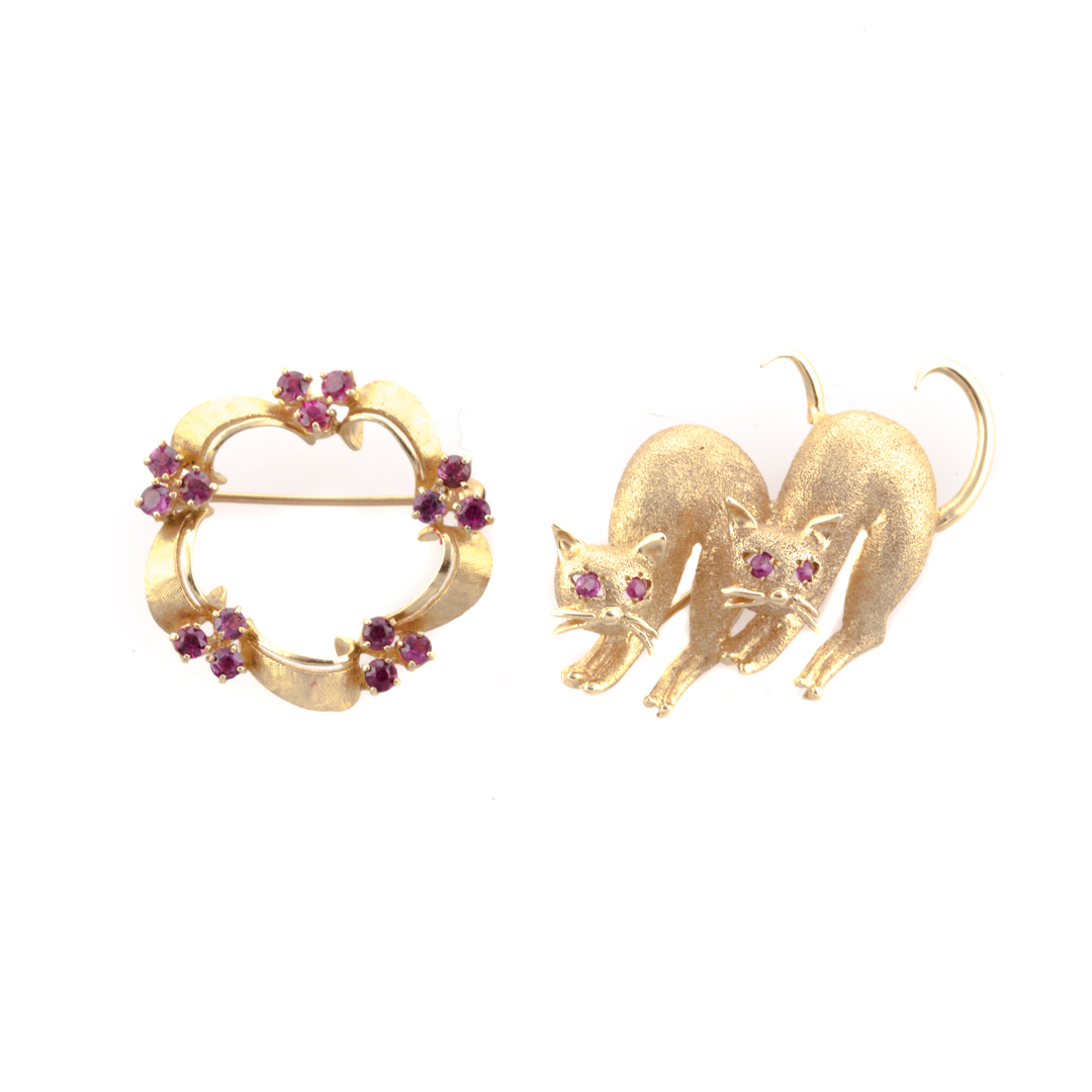 Appraisal: Two Lady's Brooches with Rubies in K Gold K yellow