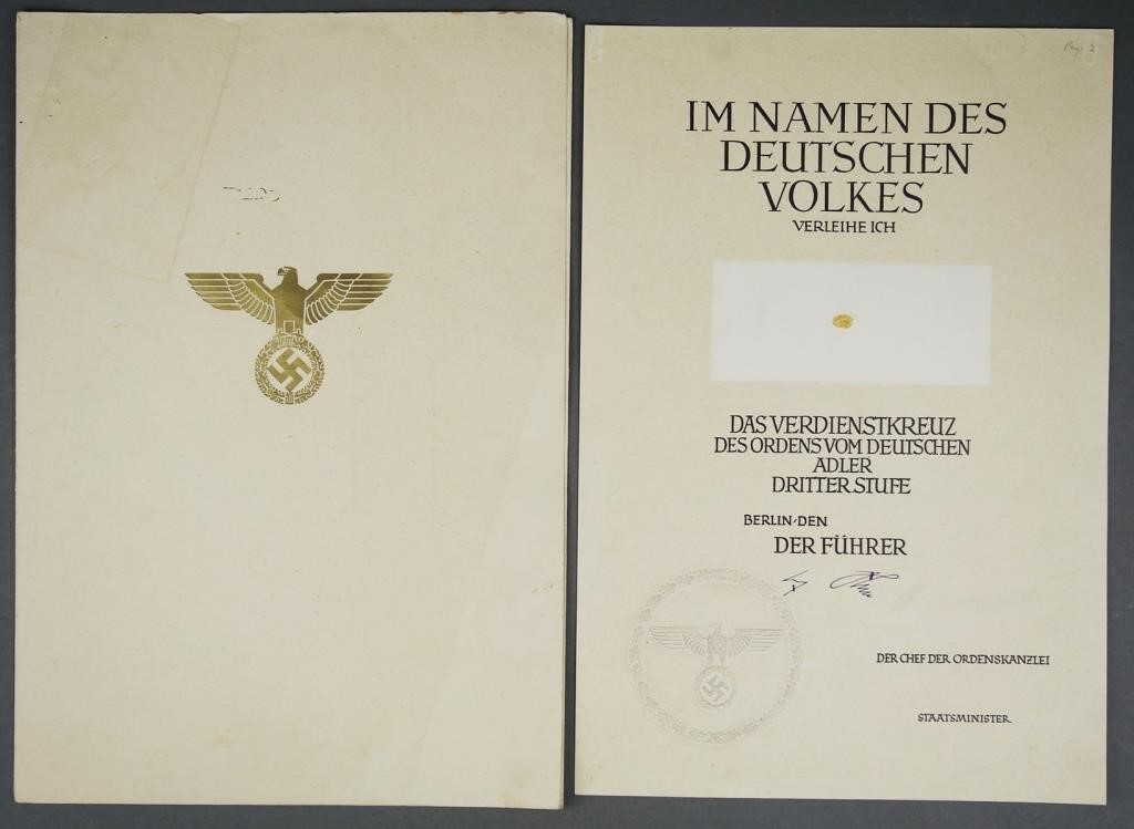 Appraisal: Verdientstkreuz Merit Cross certificate and folder with printed signature of