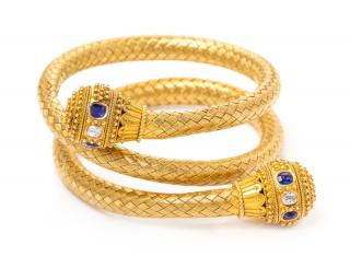 Appraisal: An Etruscan Revival Yellow Gold Sapphire and Diamond Wrap Bangle