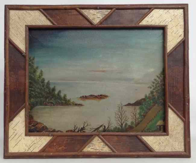 Appraisal: Painting oil on artist board Adirondack landscape in birch bark