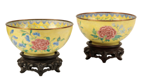 Appraisal: A PAIR OF CHINESE CANTON ENAMEL YELLOW GROUND BOWLS probably