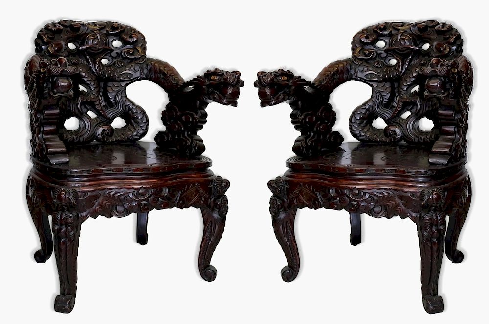 Appraisal: Pair Chinese Export Carved Dragon Throne Chairs Pair of Chinese