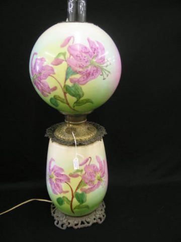 Appraisal: Victorian Banquet Lamp tiger lily decor matching globe electrified