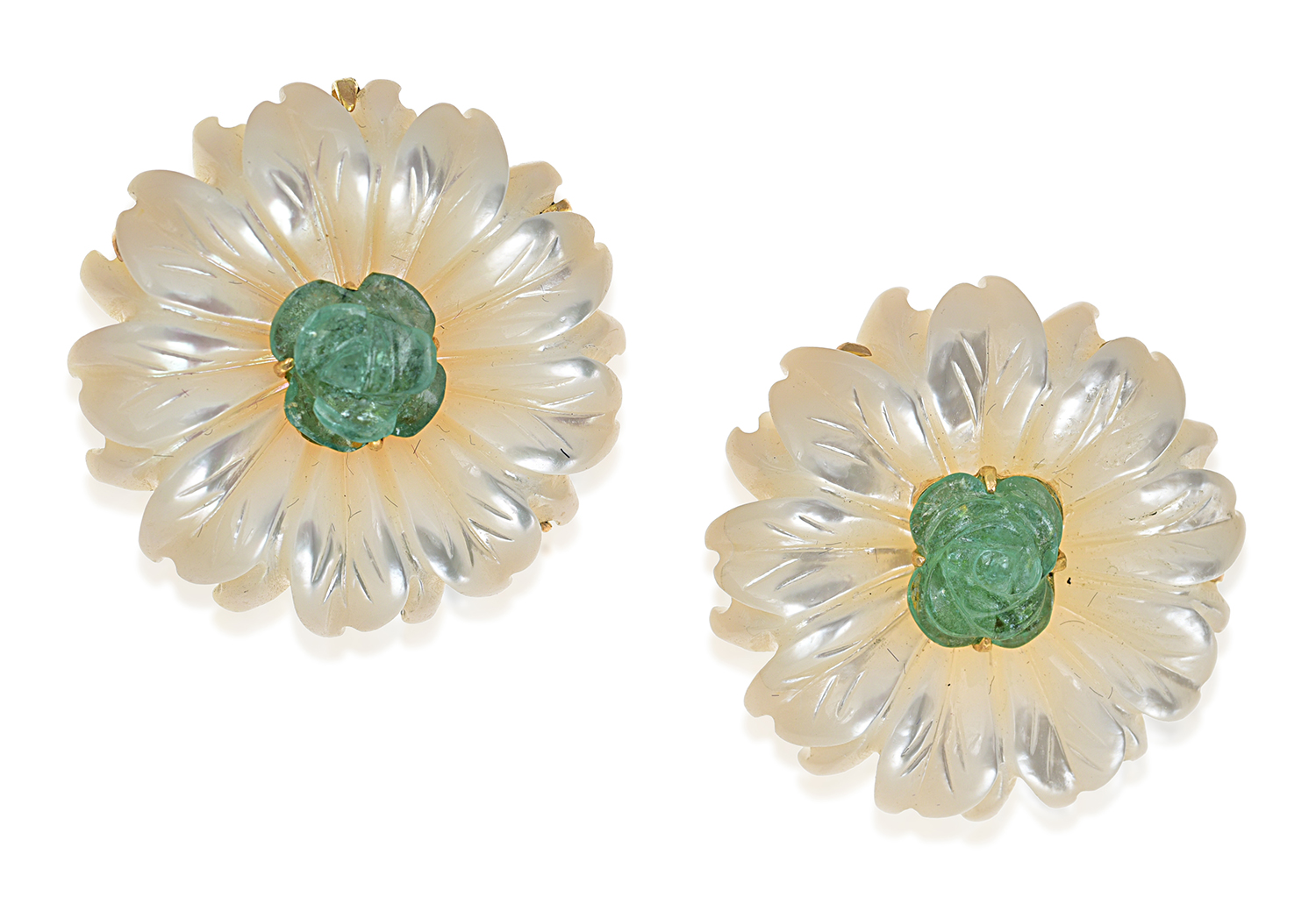 Appraisal: A PAIR OF MOTHER OF PEARL AND EMERALD EARRINGS Each