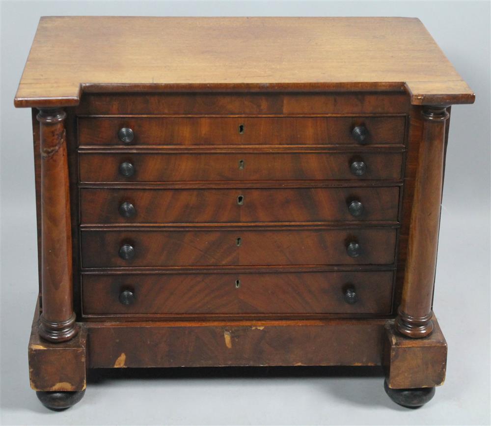 Appraisal: CLASSICAL MAHOGANY MINIATURE CHEST OF DRAWERS the shaped rectangular top