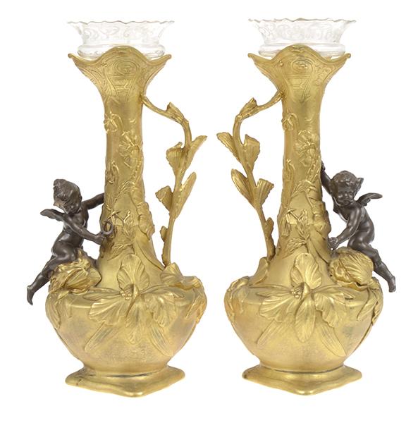 Appraisal: A PAIR OF GILT BRONZE ART NOUVEAU VASES WITH ETCHED