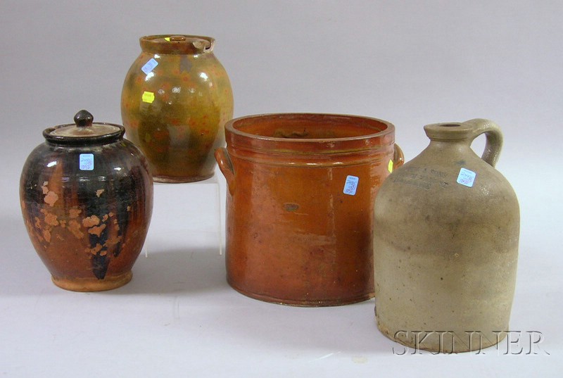 Appraisal: Three Glazed Redware Items and a Stoneware Jug two ovoid