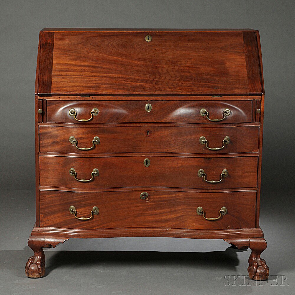 Appraisal: Chippendale Mahogany Carved Oxbow Serpentine Slant-lid Desk probably Salem Massachusetts