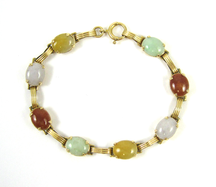 Appraisal: MULTI COLOR JADE AND YELLOW GOLD BRACELET The k gold