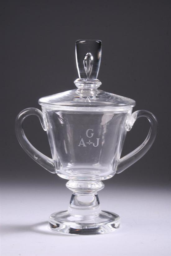 Appraisal: STEUBEN GLASS COVERED URN etched Steuben signature OX One side