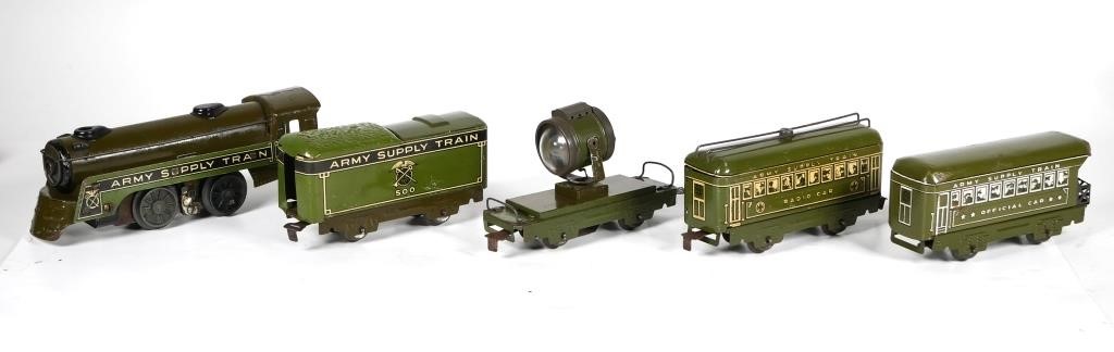 Appraisal: MARX TIN LITHO ARMY SUPPLY TRAIN WITH CARSFive piece Marx