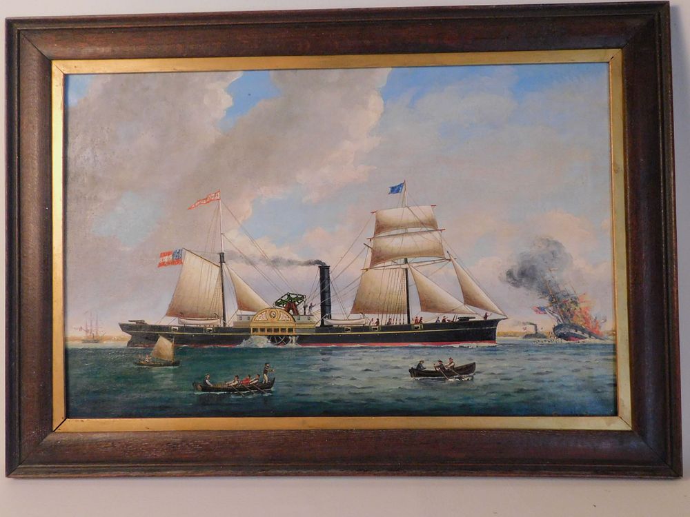 Appraisal: BURRELL CONFEDERATE SHIP BATTLE PAINTING Old oil painting on canvas