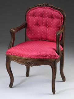 Appraisal: Petite Louis XV style armchair in silk h Diminutive Louis