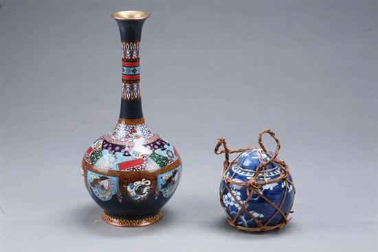 Appraisal: TWO CLOISONNE VASES AND A TEA CADDY Asian th century