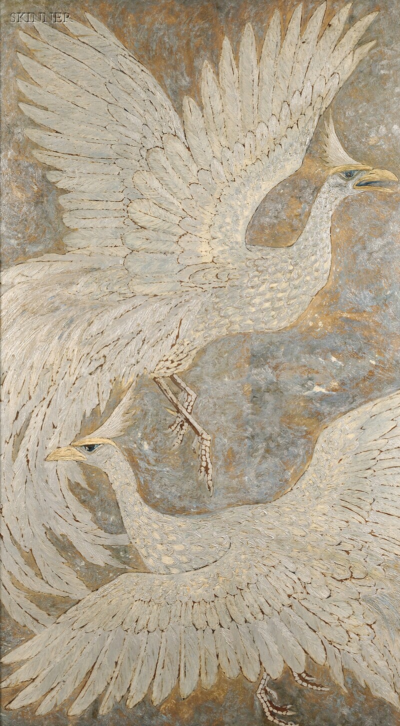 Appraisal: American School th Century Decorative Panel featuring Two Mythological Birds