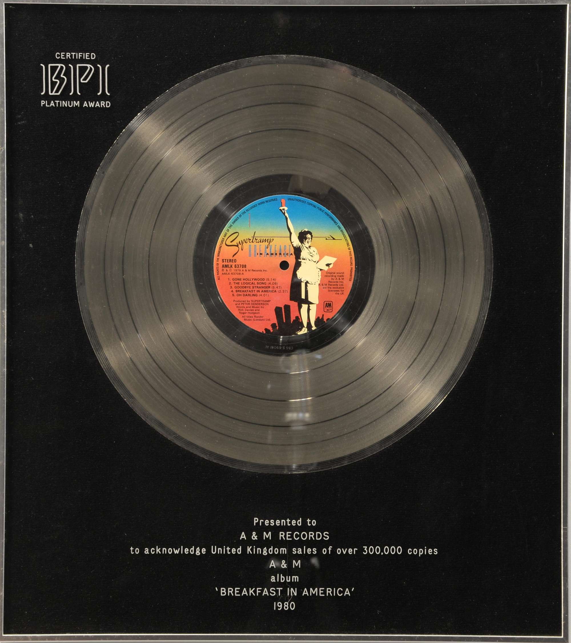 Appraisal: Supertramp BPI Platinum disc presented to A M Records to