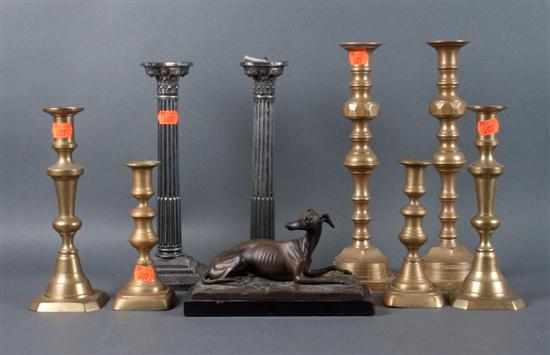 Appraisal: Three pairs of brass push-up candlesticks pair of classical style