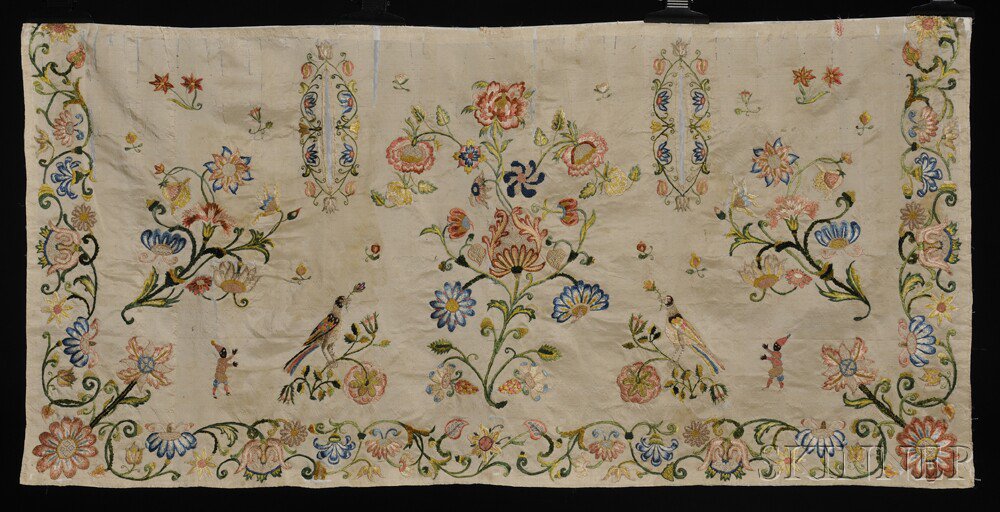 Appraisal: Early Embroidered Silk Apron Panel America probably th century ivory