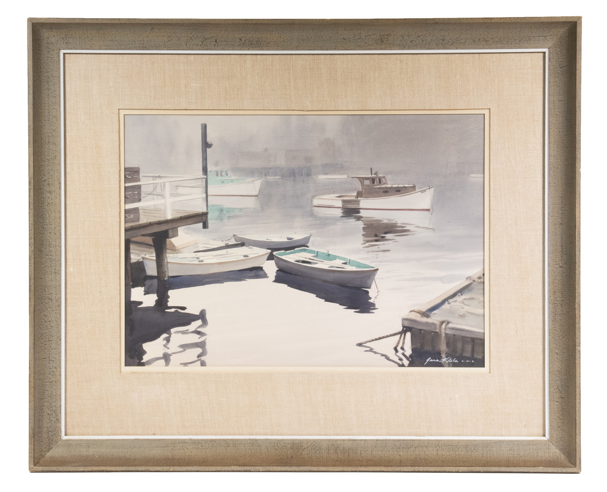 Appraisal: GENE KLEBE ME - Foggy Harbor with Lobster Boats watercolor