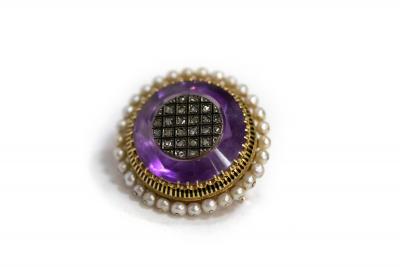 Appraisal: A French amethyst diamond and pearl target brooch set in