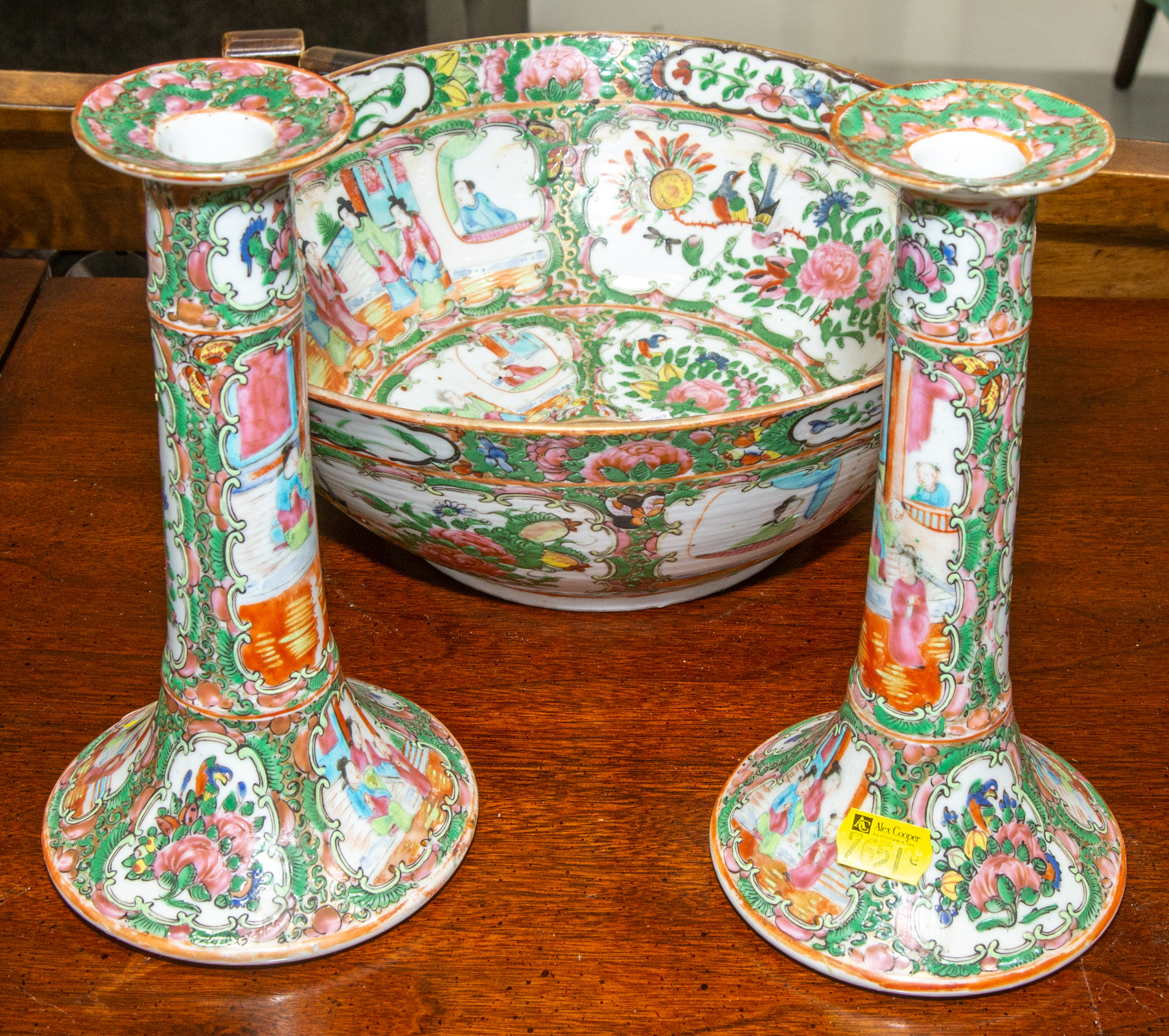 Appraisal: A ROSE MEDALLION PUNCH BOWL CANDLESTICKS Chinese Export ware late