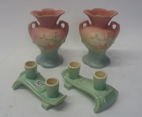 Appraisal: TWO PAIR OF HULL AND WELLER ART POTTERY ITEMS The