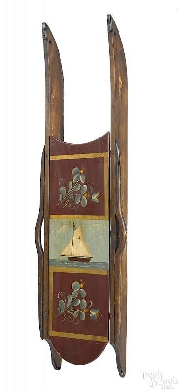 Appraisal: Child's painted wood sled Child's painted wood sled having a