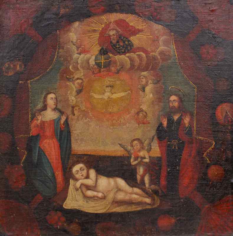 Appraisal: EARLY CUZCO SCHOOL RELIGIOUS PAINTING OF MADONNA BABY JESUS AND