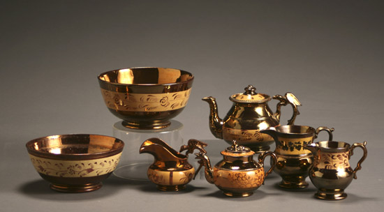 Appraisal: Group of Seven English Copper and Pink Lustre Decorated Tea